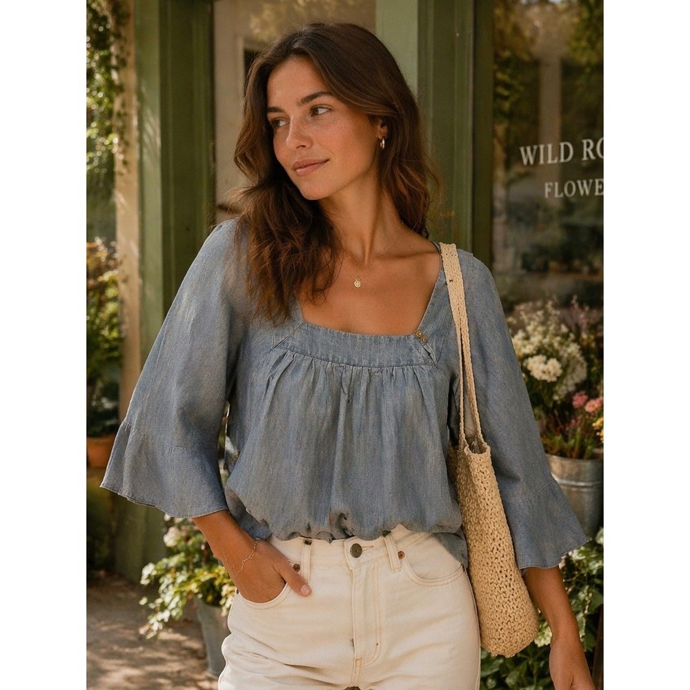 Madewell Women's Chambray Bell Sleeve Top Medium Square Neck Boho Peasant Style
